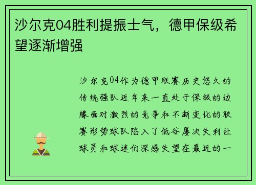 沙尔克04胜利提振士气，德甲保级希望逐渐增强