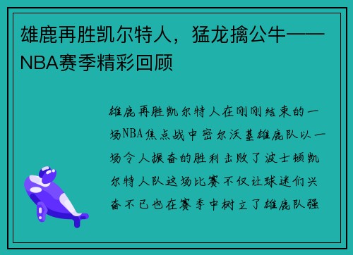 雄鹿再胜凯尔特人，猛龙擒公牛——NBA赛季精彩回顾