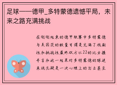 足球——德甲_多特蒙德遗憾平局，未来之路充满挑战