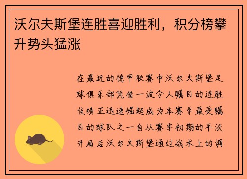 沃尔夫斯堡连胜喜迎胜利，积分榜攀升势头猛涨