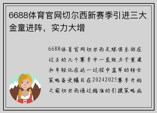 6688体育官网切尔西新赛季引进三大金童进阵，实力大增