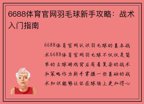 6688体育官网羽毛球新手攻略：战术入门指南