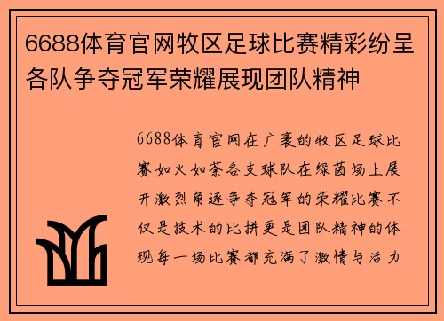 6688体育官网牧区足球比赛精彩纷呈各队争夺冠军荣耀展现团队精神